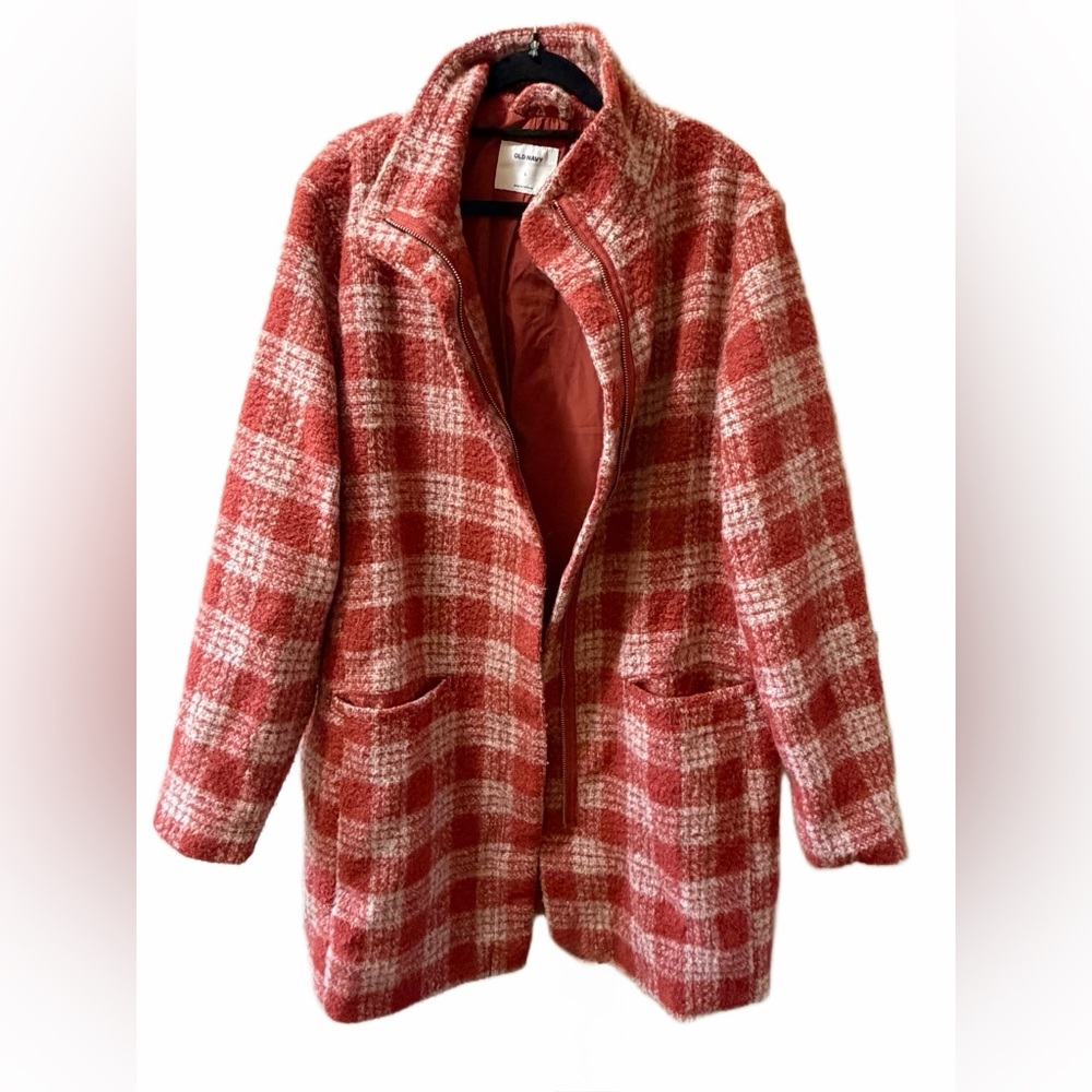 Old Navy Red Plaid Teddy Zip-Front Coat